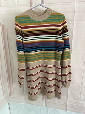 Free People Knit Beige Multicolor Striped Long Sleeve Dress